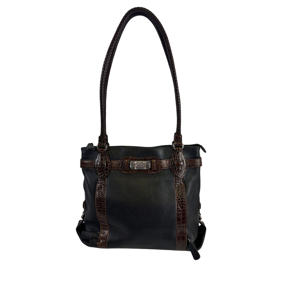 Brighton Shoulder Leather Tote Bag Black Brown Croc Embossed Zip D711271 Large